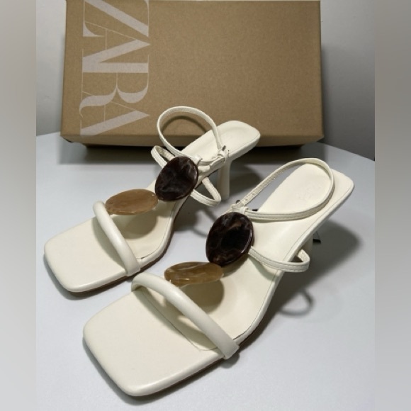Zara ivory off white ecru brown stone detail strappy open toe heel sandals - Picture 2 of 10